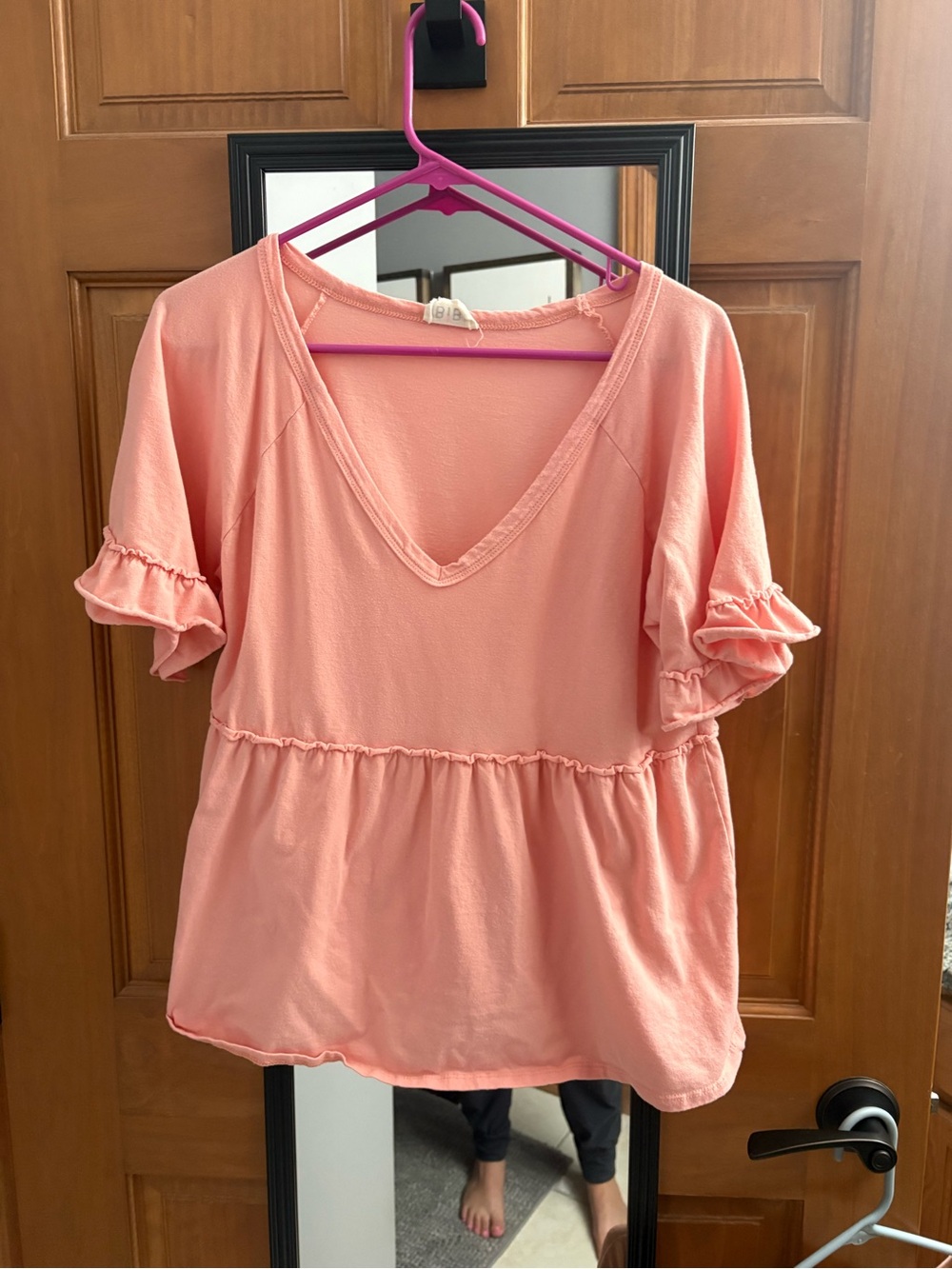 Women’s Peach V-Neck Ruffle Sleeve Peplum Top